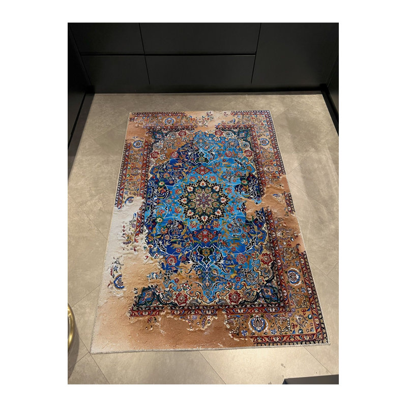 Tapis décoratif moderne à motif abstrait bleu lavable à la machine, Sous-tapis rectangulaire de 3 pi 3 po x 4 pi 11 po