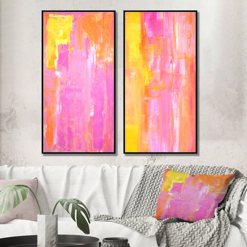 Ensemble de 2 peintures sur toile - Abstrait jaune et rose, H 32 po x l 32 po x P 1 po, Cadre flottant noir