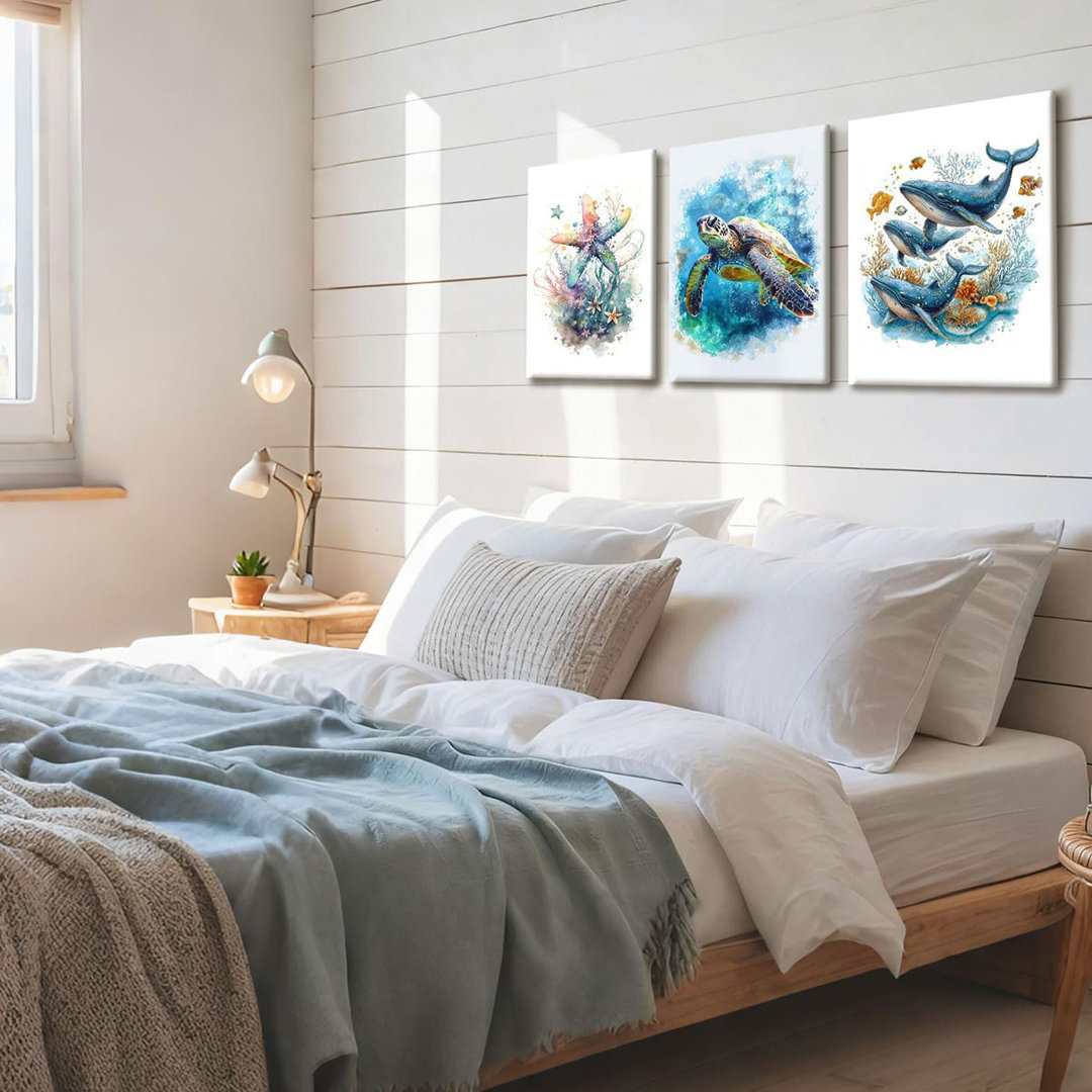 3Pcs Marine Animal Canvas Wall Art Beach Bathroom Print Posters Watercolor Sea Turtle Whale Starfish Pictures Marine Life Artwork Paintings Living Roo