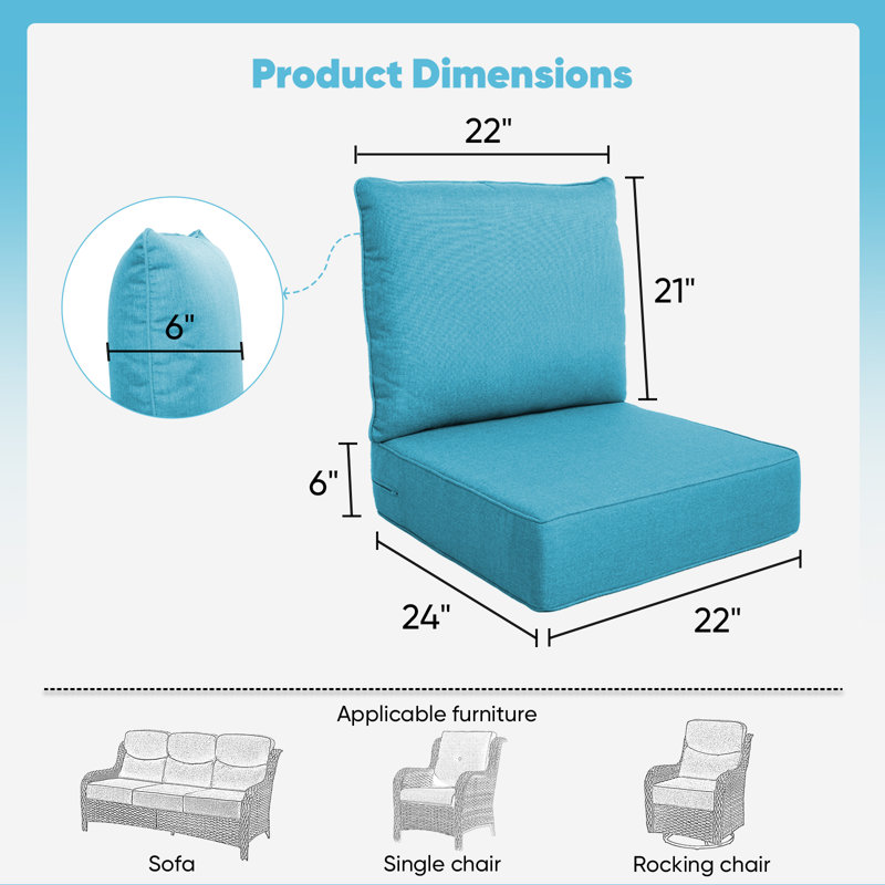 Coussin de siège / dossier de remplacement pour l'extérieur 6 po, L 22 po x P 24 po, Sarcelle, 6