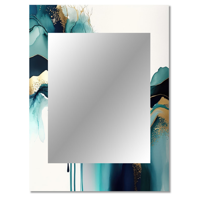 Teal And Gold Abstract Expression IV - Liquid Ink Decorative Mirror, Modern Wall Mirror, Printed Metal Art, 40" x 30"