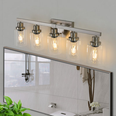 Luminaire de meuble-lavabo moderne de 31 po à 5 lumières - Finition nickel brossé avec abat-jour en verre transparent, pour l'éclairage de la salle de bain, du meuble-lavabo et du vestiaire (sans ampoules)