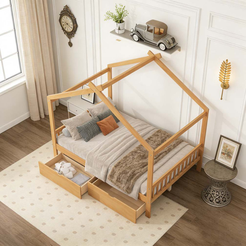 Lit plateforme double pleine grandeur avec deux tiroirs, Lit double, Naturel