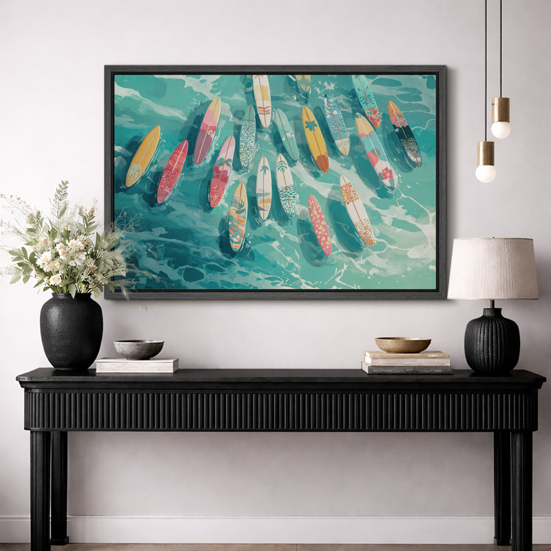 «Surfer Boards in Ocean», art du salon, impression sur toile encadrée, H 16 po x l 24 po x P 1,5 po, Cadre noir