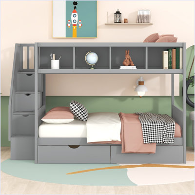 Twin Over Full Bunk Bed With Shelfs, Storage Staircase And 2 Drawers by Harriet Bee