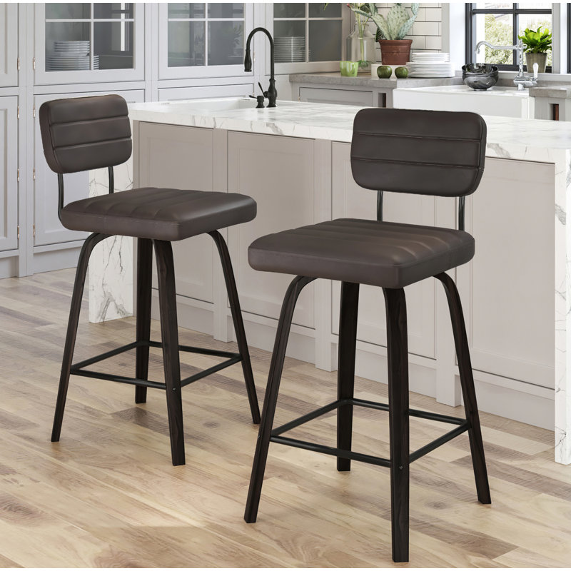 Brown Faux Leather Swivel Bar Stools with Low Back, Set of 2