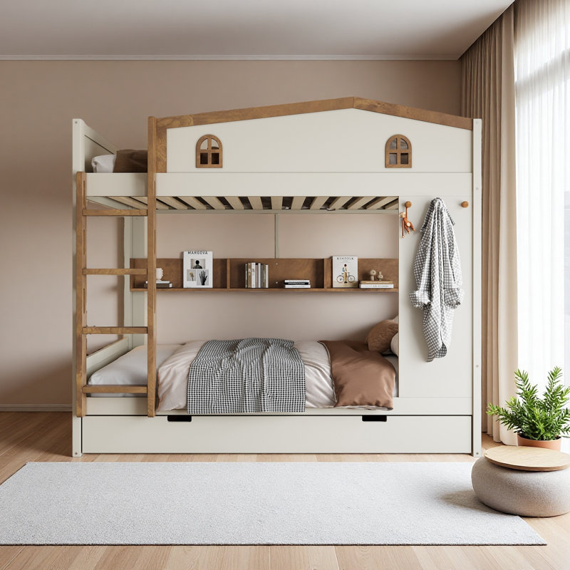 Lit superposé avec lit gigogne et tablettes de rangement, lits superposés en bois massif avec crochets, aucun sommier nécessaire