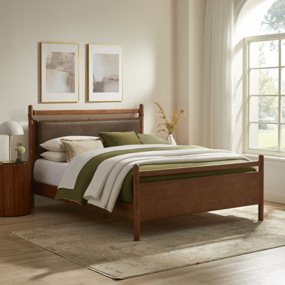 Leni Queen Size Vegan Leather And Wood Platform Bed Frame In Walnut Mushroom