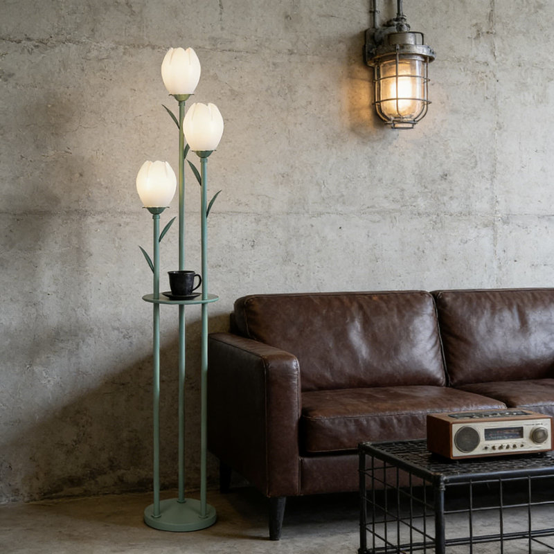 Tulip Floor Lamp With Shelves, 3-Light LED Floor Lamp For Living Room, Modern Floral Standing Lamp With Wood Shelf, Tall Decorative Light For Bedroom Or Kids Room