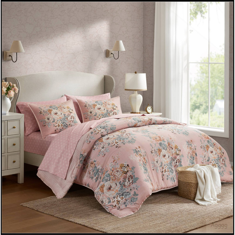 Ensemble de 7 pièces à motif floral inspiré du vin 7 pièces, rose, Édredon de très grande taille et 6 pièces suppl