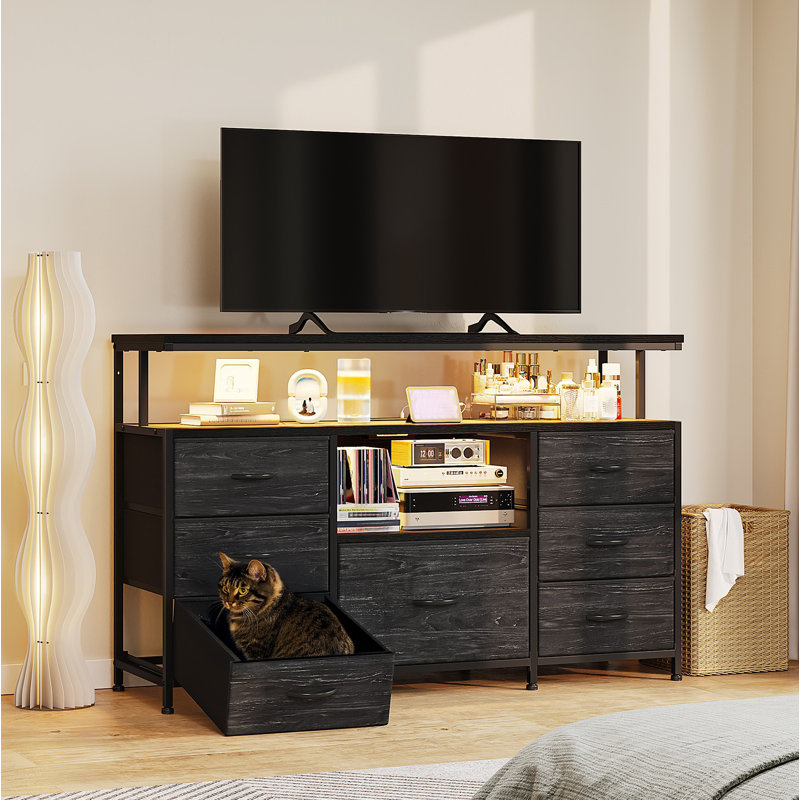 55" TV Stand & Dresser with 7  Fabric Drawers, LED Lights & Power Outlets, Black