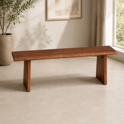 Walnut Finish Solid Wood Dining Bench, 55.15 in Hand-Crafted Long Bench for Dining Room