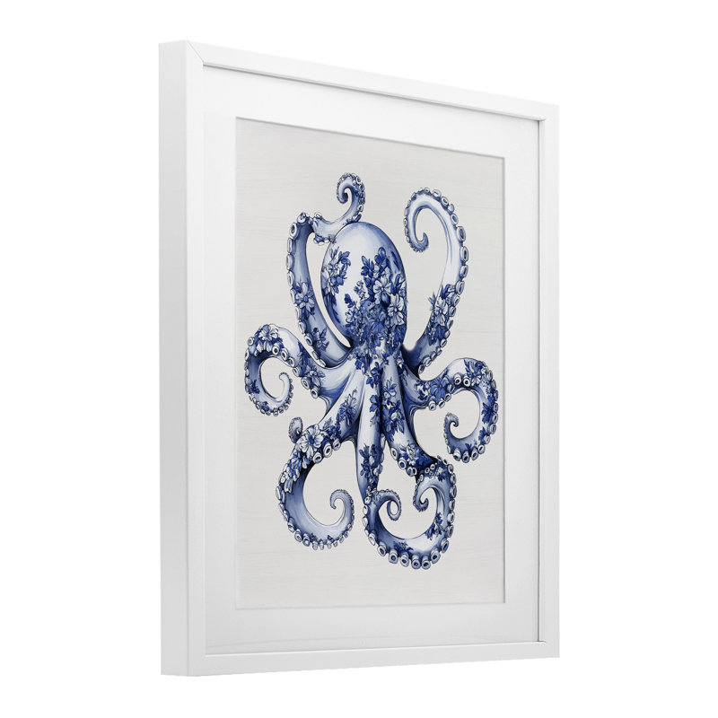 «Funky Toile Octopus», reproduction sous verre encadrée, lettrée et doublée, H 21 po x l 17 po, Cadre blanc côtier