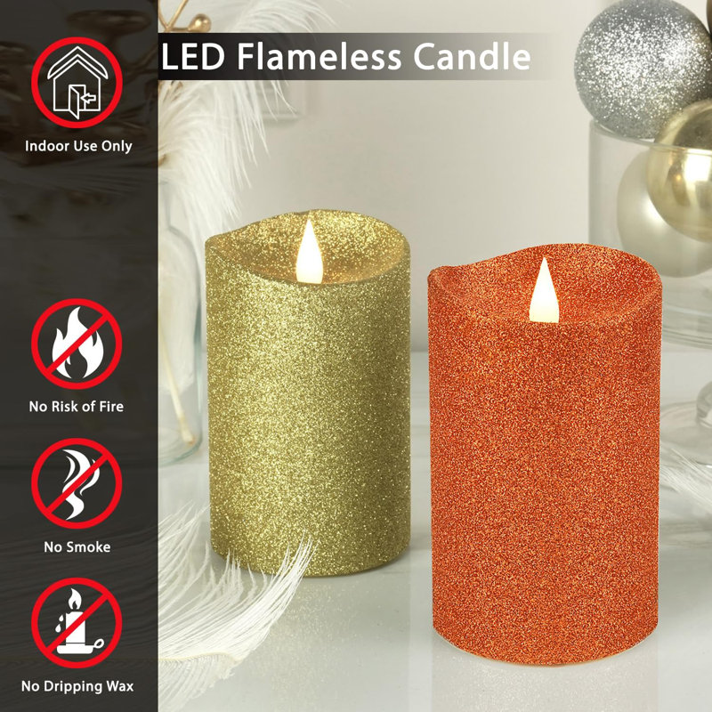 Bougies à DEL sans flamme avec télécommande Real, cire 3 po x 5 po, bougies à flamme 3D en mouvement pour une utilisation à l'intérieur, paillettes décoratives dorées