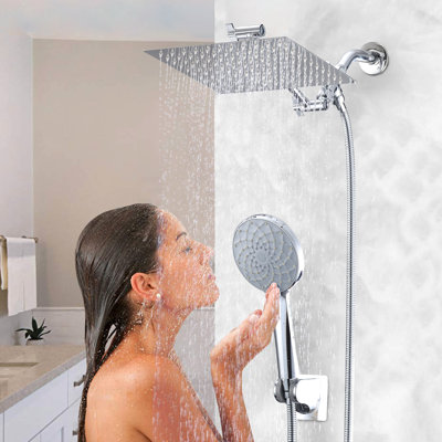 Shower Head Assortment: 10 Inch Rainfall & Handheld With 11 Arm, 6 Modes, Clogging, Stainless Steel, Wall Mounted Square 10" Collection: High 11" Leak , On Wall, Shape Showerhead
