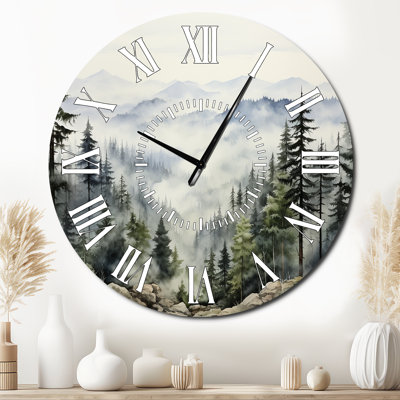 Pine Tree Misty Mountain I - Floral White Face Wall Clock
