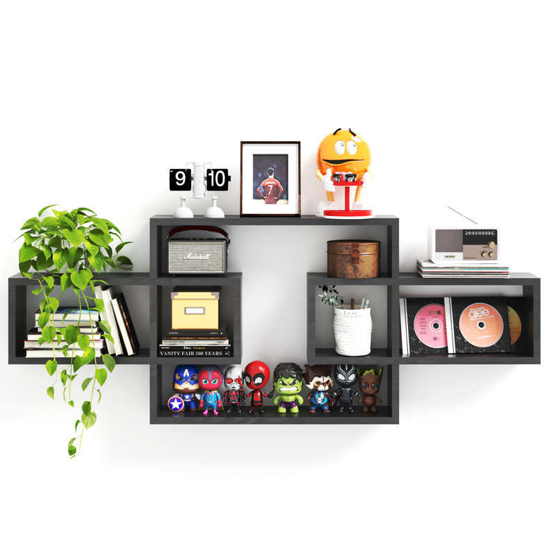  Wooden Square Floating Cube Wall Shelves - 3 Box Mounted Rectangle Bookcase for Storage and Display - Modern Decorative Intersecting Shelves for Living Room, Bedroom Decor