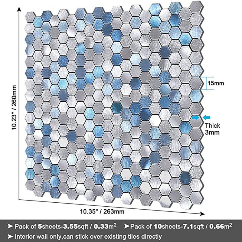 Dosseret hexagonal à peler et coller en carreaux de métal pour décoration murale de salle de bain