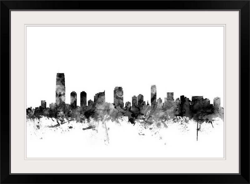 «Francy Jersey City New Jersey Skyline» par Michael Tompsett, impression, H 32 po x l 44 po x P 1 po, Cadre noir