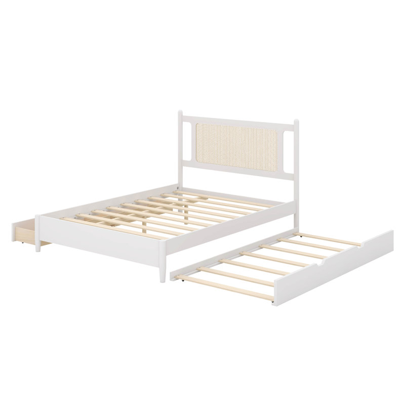  Grand lit plateforme en rotin Nanango avec 2 grands tiroirs et un lit gigogne en bois, Blanc