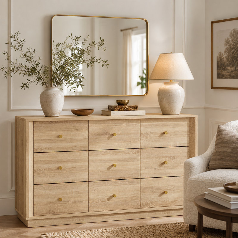 9 Drawer Dresser, Mid Century Modern Dresser With Storage, 55" Wide Chest Of Drawers With Wood Grain Texture, Drawers Organizer For Bedroom, Living Room, Hallway, Oak