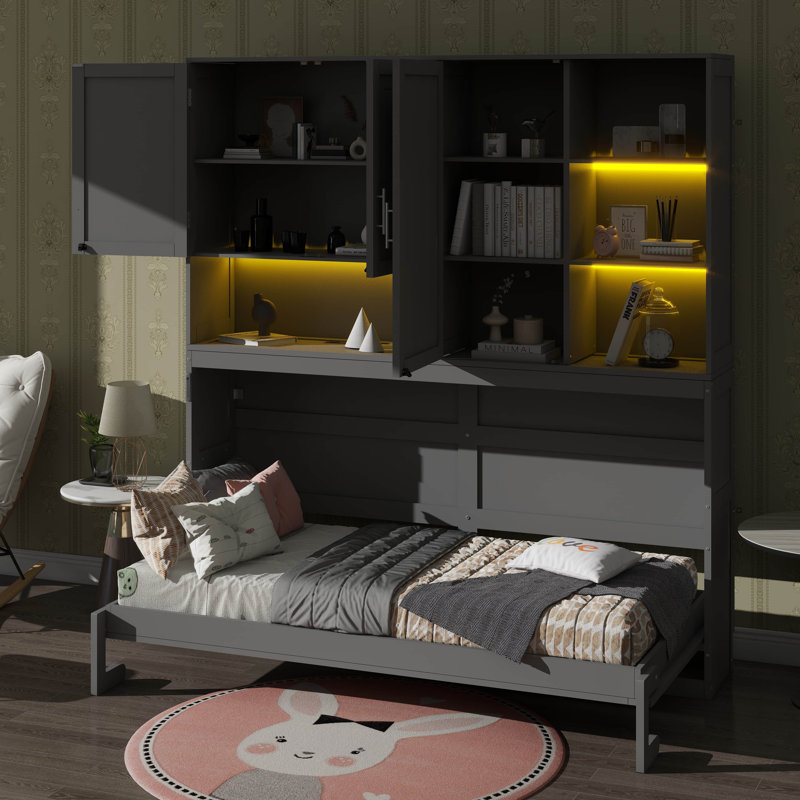 Lit escamotable simple de taille simple avec armoire murale, supports, lit pliant peu encombrant avec éclairage et ports USB