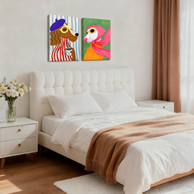 2 pièces chien excentrique toile art coloré chien impressions photos kitsch esthétique style BCBG affiches décoration murale drôle de mode animalière pour chambre d'enfant salon chambre animalerie café 12 x 16 pouces