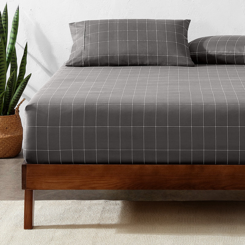 Microfiber Fitted Sheet, Queen Fitted Sheet, Grid - Gray/White