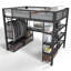 Grand lit mezzanine en métal avec bureau, tablettes de rangement et tringle à vêtements - aucun sommier nécessaire, noir