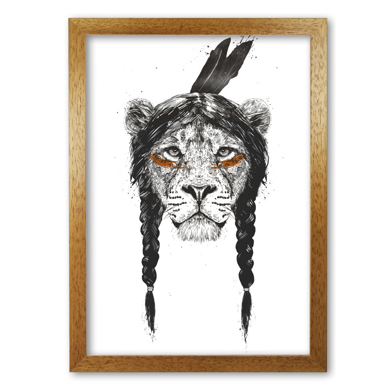 Warrior Lion by Mercedes Lopes Charro - Print, 29.7 cm H x 21 cm W x 5 cm D, Honey Oak