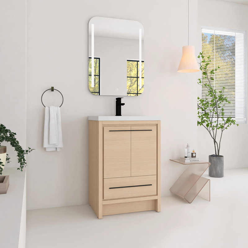 Meuble-lavabo autoportant de 24 po avec lavabo en résine, portes d'armoire à fermeture en douceur et tiroir, 24"