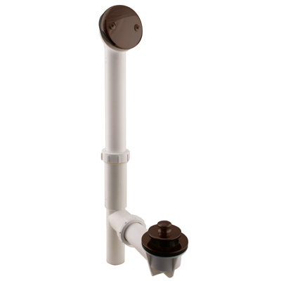 14" White Polypropylene Pull To Open Bathtub Leg Drain Assembly with Two-Hole Overflow 