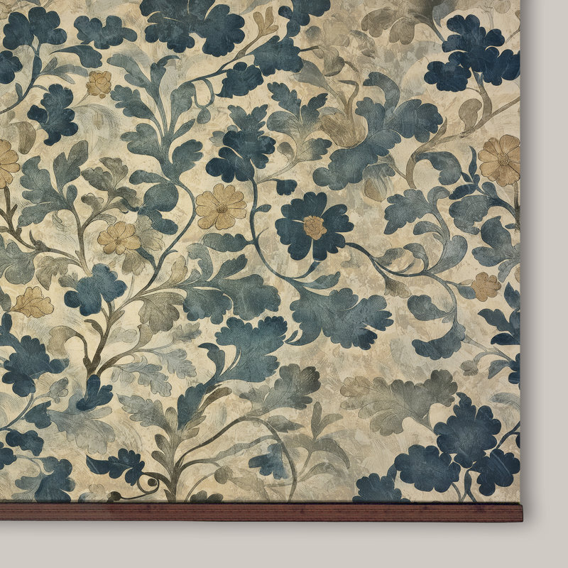 Tapisserie d'art mural William William - motif floral rétro en bleu et taupe, H 32 po x l 48 po