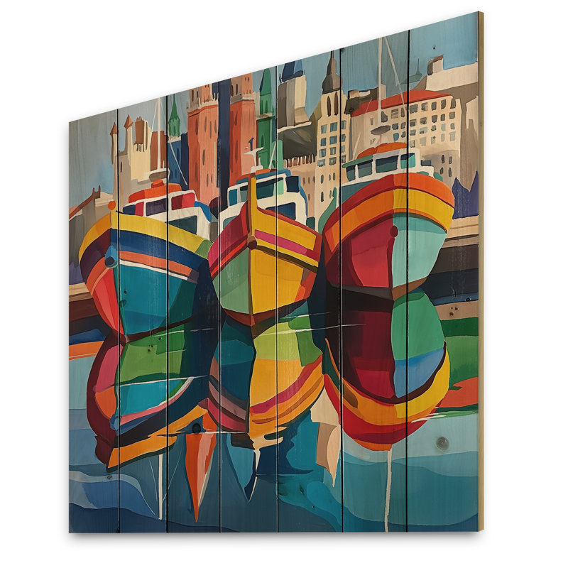 Aquarelle vue du port de Barcelone - Art mural industriel en bois sur bois de pin naturel, H 25 po x l 25 po