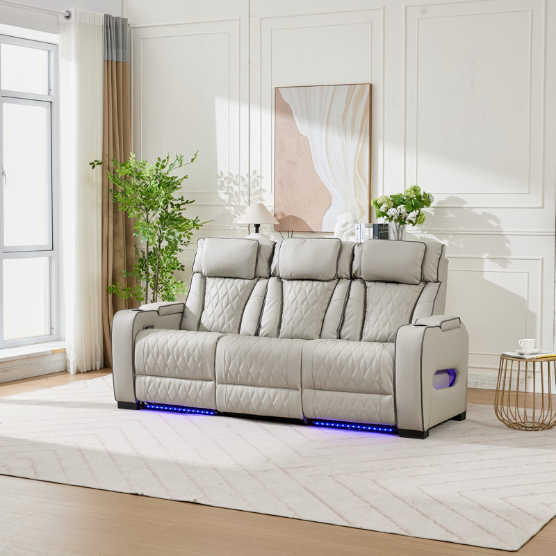 Canapé inclinable en similicuir avec porte-gobelets, lumières à DEL et coutures en losange, Gris clair