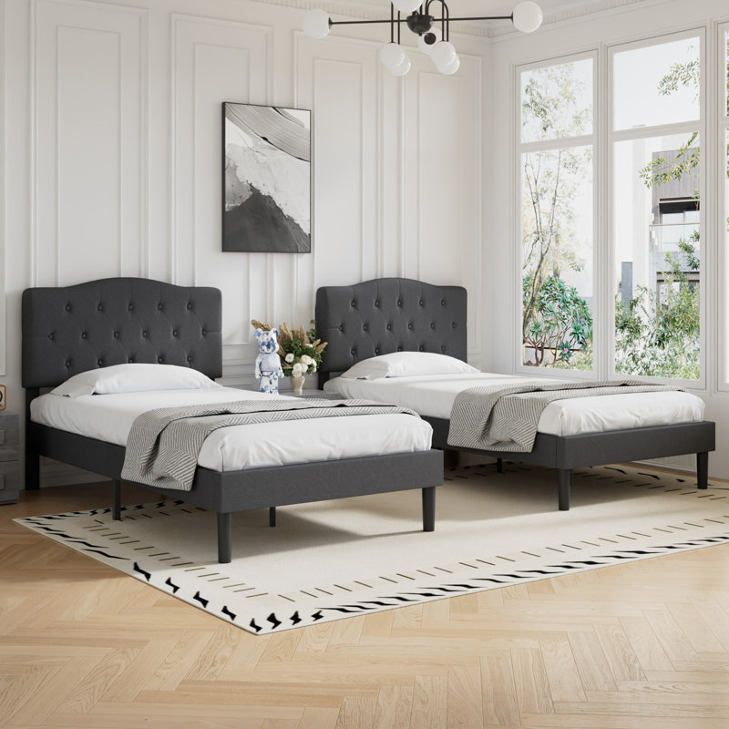 Twin Size Upholstered Bed with Adjustable Headboard, Twin Platform Bedframe Set of 2, Wooden Slats Support, No Box Spring Needed