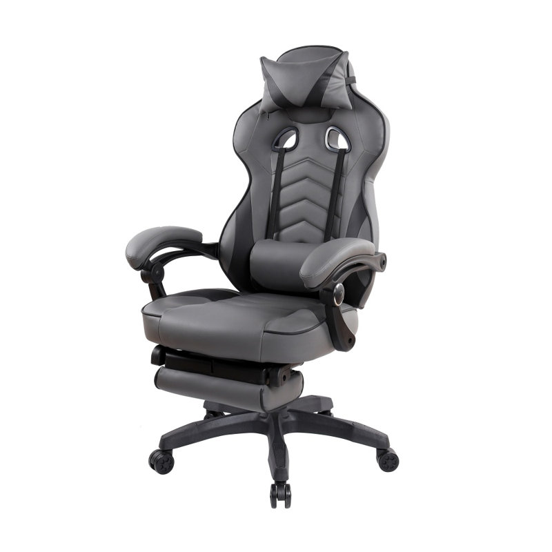 Chaise ergonomique noire et grise de style course avec dossier et repose-pieds inclinables