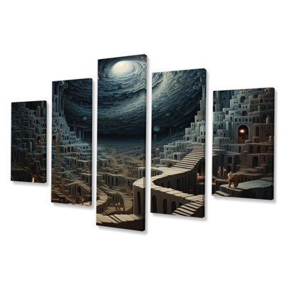 Unravelling The Blue Labyrinth Mystery I - Abstract Landscape Canvas Wall Art - 5 Panels