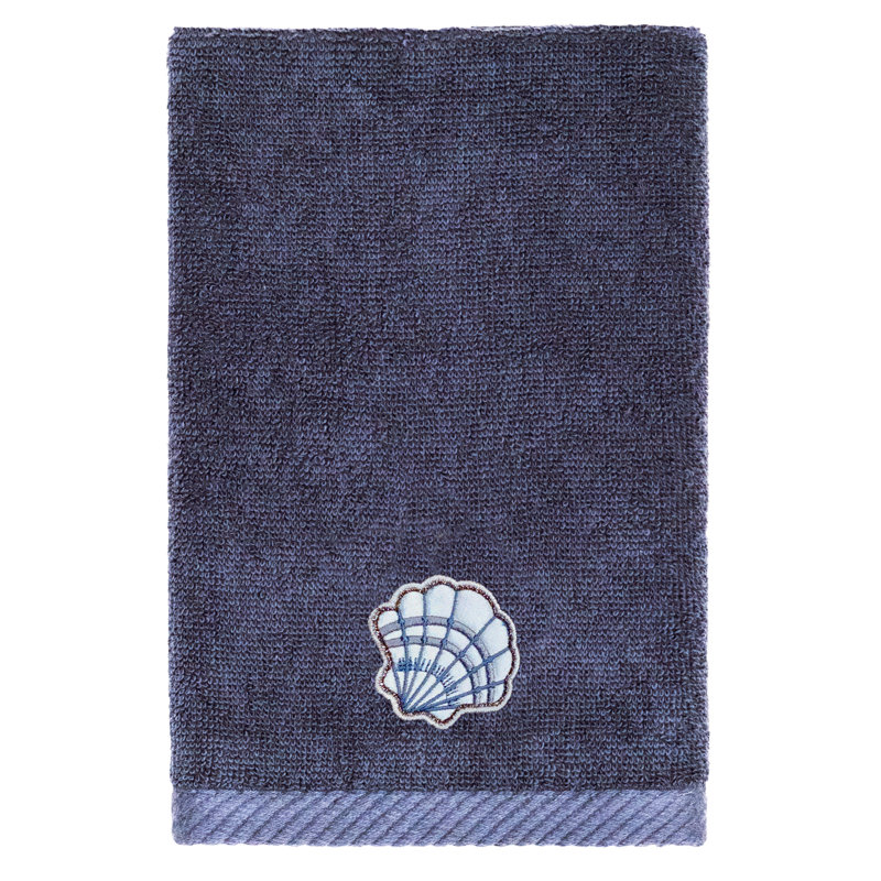 SHELL ROW 2PC Embellished Fingertip Towel Set 100% Turkish Cotton Fingertip Towel, Marine