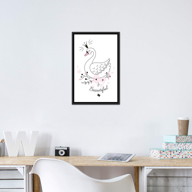 Beautiful Swan - impression d'art graphique, H 26 po x l 18 po x 1,5 po, Toile avec cadre noir patiné, Pas de tapis