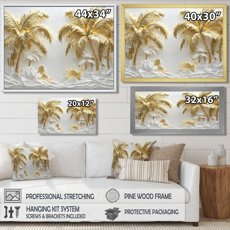 Art mural pour salon Clodovea crème dorée sur la plage II - palmiers et palmiers, H 34 po x l 44 po, Blanc