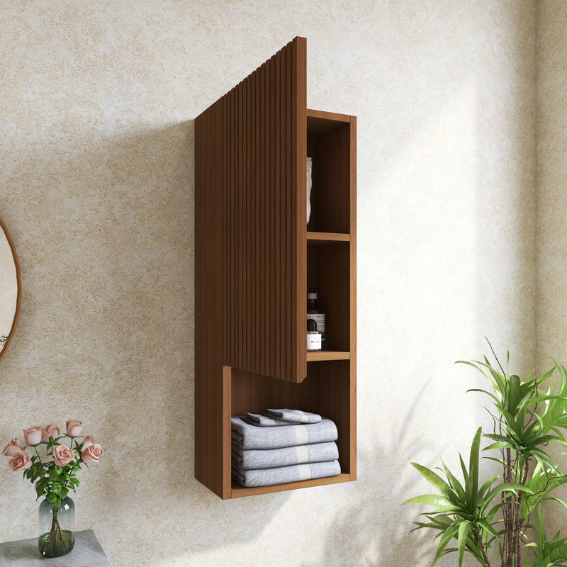 35" Tall Bathroom Wall Mounted Cabinet, Narrow Storage Cabinet With Door And Shelves, Suitable For Small Spaces, Brown Oak Woodgrain Color
