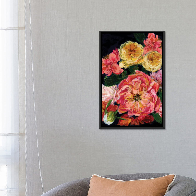 «Vintage Bouquet III», reproduction de peinture à l'huile sur toile, H 60 po x l 40po x P 1,5 po, Toile avec cadre noir