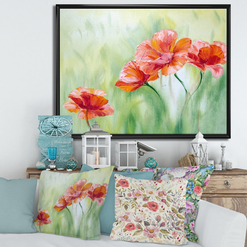«Red Blossoming Poppies I», peinture sur toile, Toile avec cadre noir, H 24 po x l 32 po x P 1 po