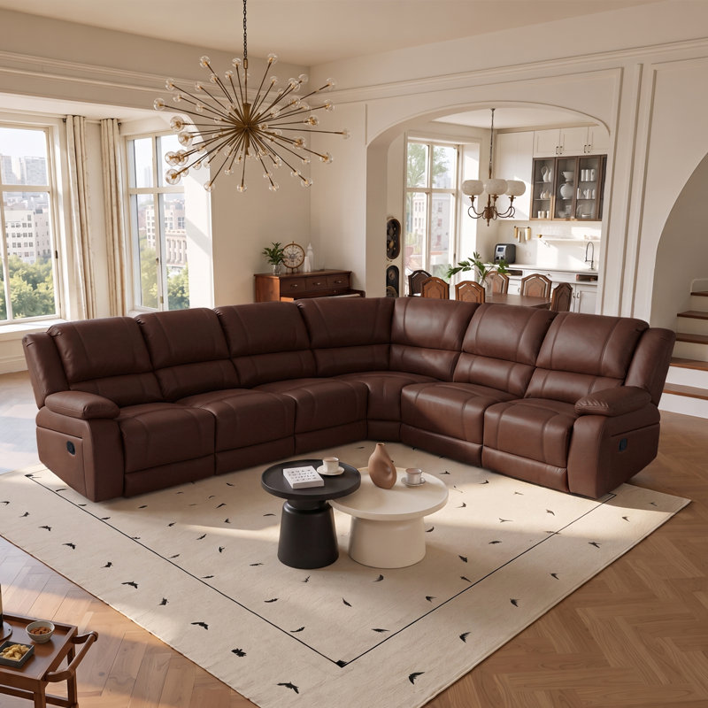 Lasceau 6-Seat Faux Leather Modular Sectional Manual Reclining Corner Sectional Sofa, 38" H x 119" W x 97" D, Reddish Brown