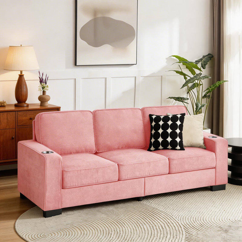 Canapé moderne 3 places en molleton rose - Mobilier de salon confortable et élégant, Rose