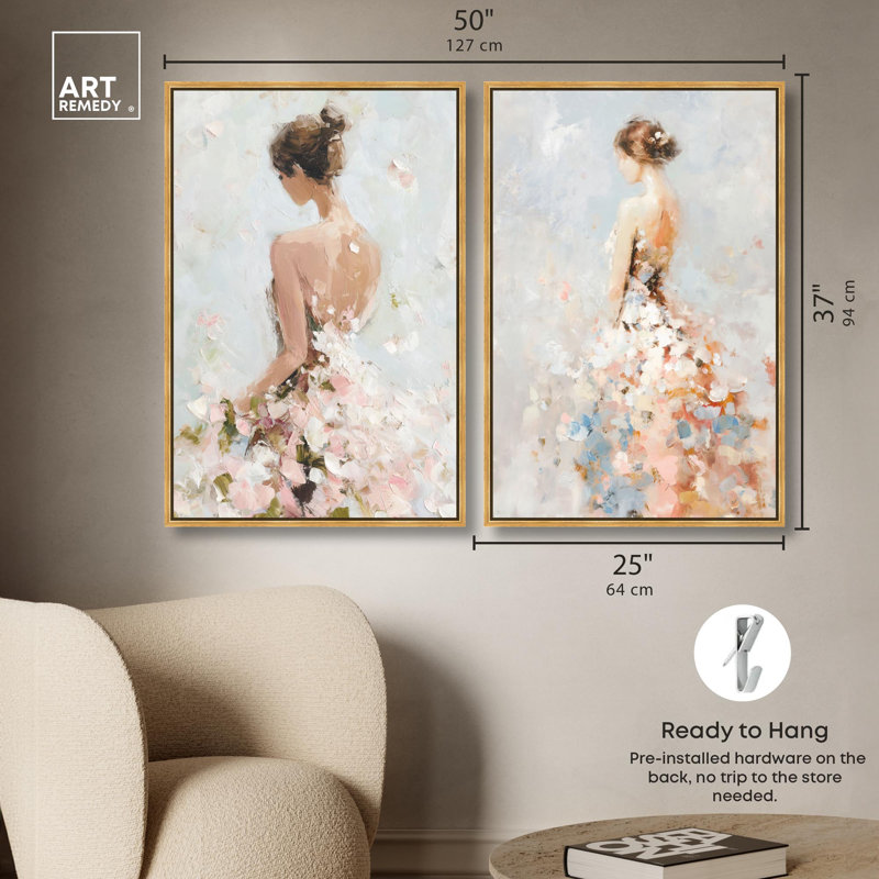 "Dreamscape Glam Art", ensemble de 2 impressions sur toile par , Impression dans un cadre flottant sans passe-parto, Doré