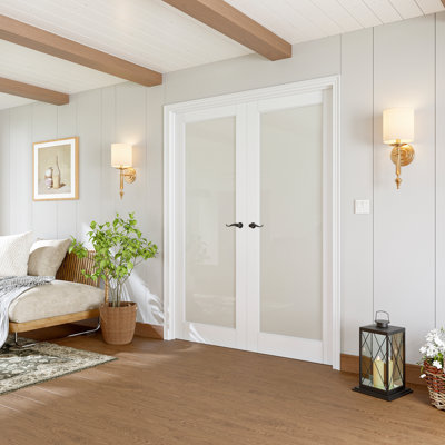 48" x 80" Interior French Door, 1-Lite Tempered Frosted Glass Doors, Complete Jamb Kit, Black Hinges, 4 Curve Levers & Latch, White Primed Paint‑Ready & Solid Core Door, Privacy & Frosted Glass