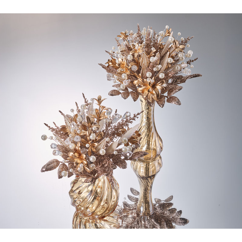 Gilded Spray 9"H Floral Arrangement in Glass Vase, 9" H x 6.5" W x 6.5" D
