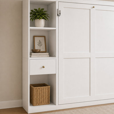 Grand lit escamotable Mildenhall avec armoires de rangement, lit escamotable pliable avec tablettes configurables, structure en métal, 26 lattes en bois massif, pieds automatiques, assistance hydraulique à deux niveaux